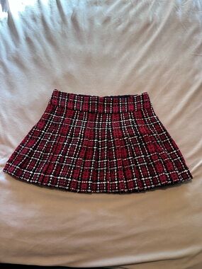 Alice + Olivia Red Plaid Tweed Skater Mini Skirt